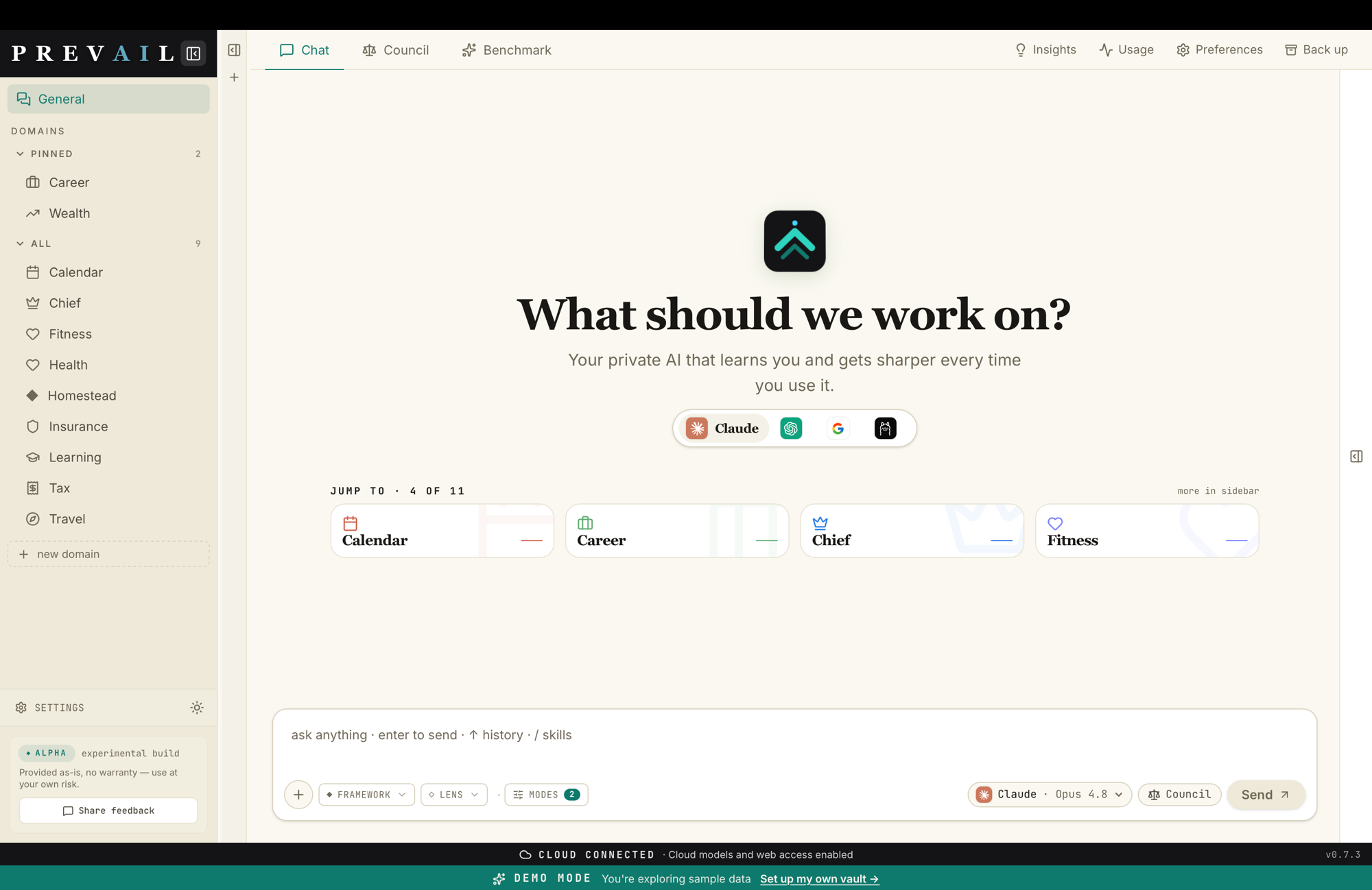 Prevail Desktop — the home screen: a sidebar of life-domains, a model picker, and 'What should we work on?' with domain cards.