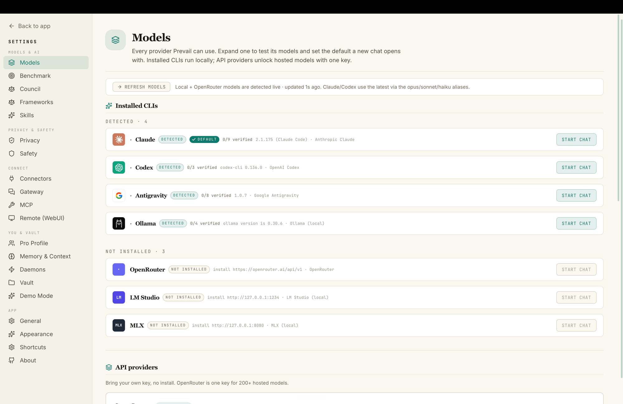 Settings → Models — detected CLIs (Claude, Codex, Antigravity, Ollama) with a 'start chat' action, plus API providers like OpenRouter, LM Studio, and MLX.